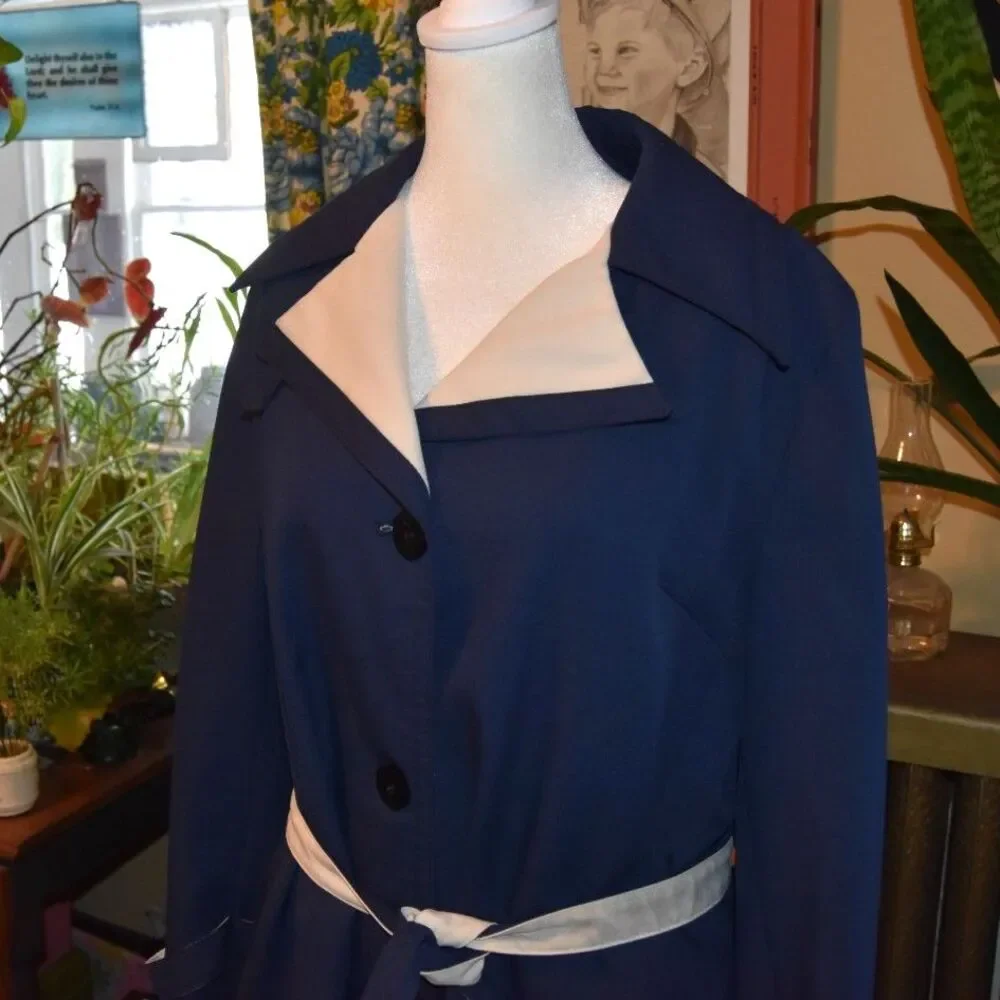 Vintage 1970s Jerold Raincoat Midi Length Navy Blue White Lining Size Large